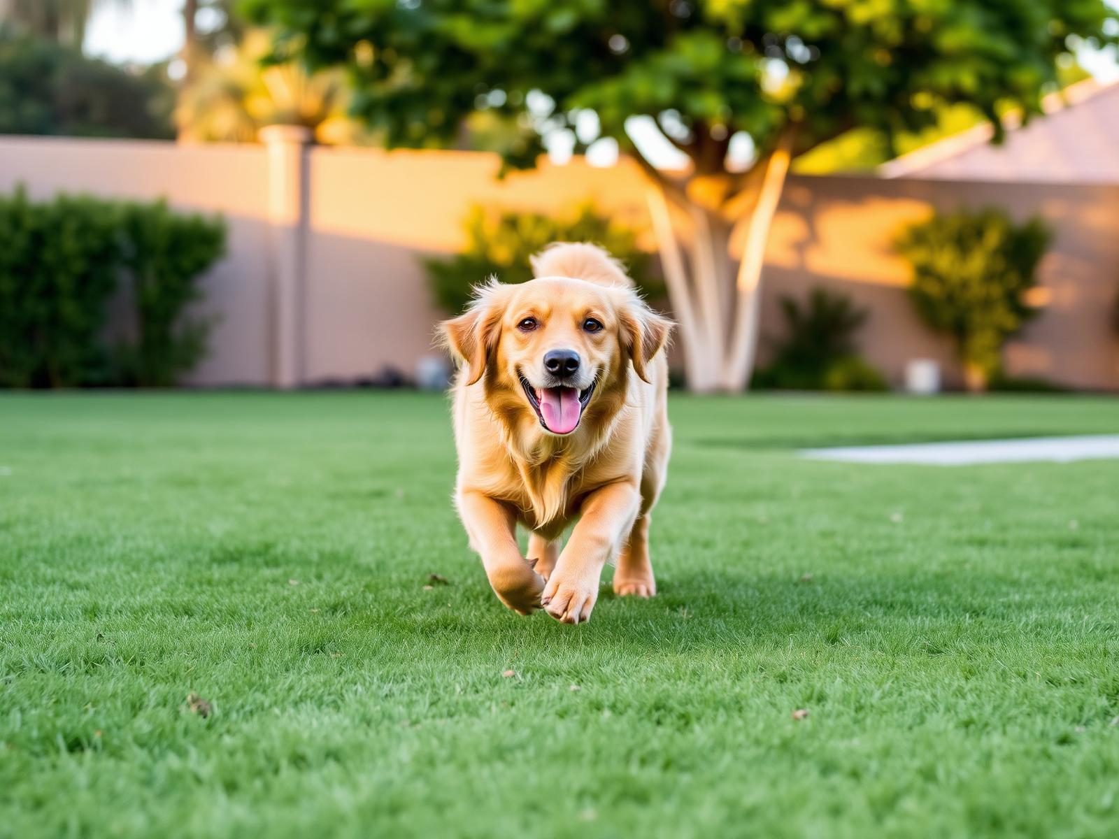 Happy golden retriever playing in a clean backyard